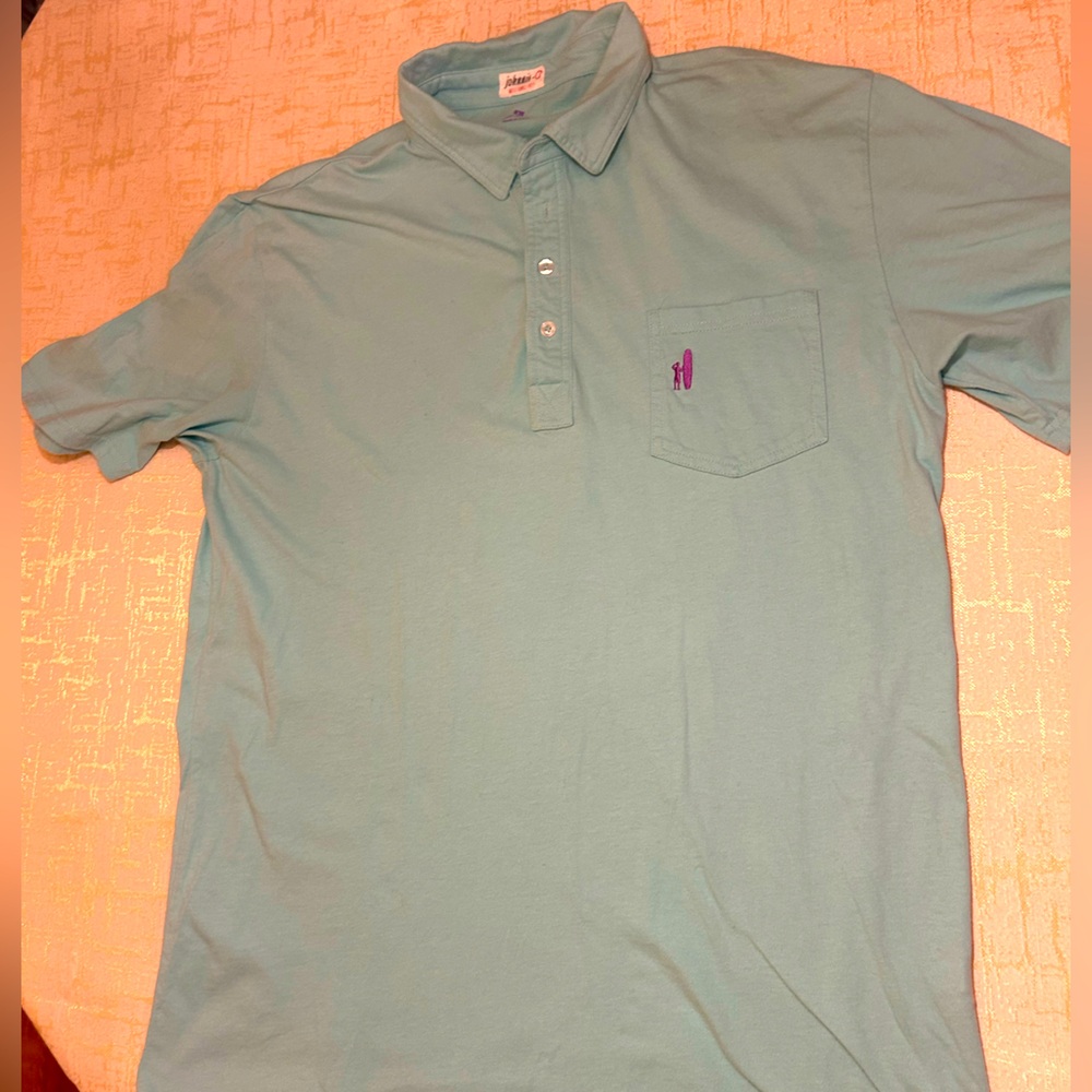 100% Cotton Men’s Johnnie-O Teal Four Button Polo with Purple Logo - Size Large